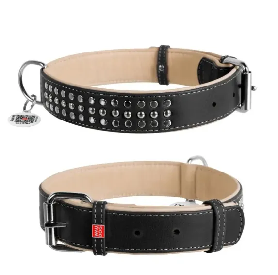 7214/7215 Нашийник WAUDOG Soft з QR паспортом, шкіряний XL Ш 35мм Д 46-60см чорно-білий/коричневий