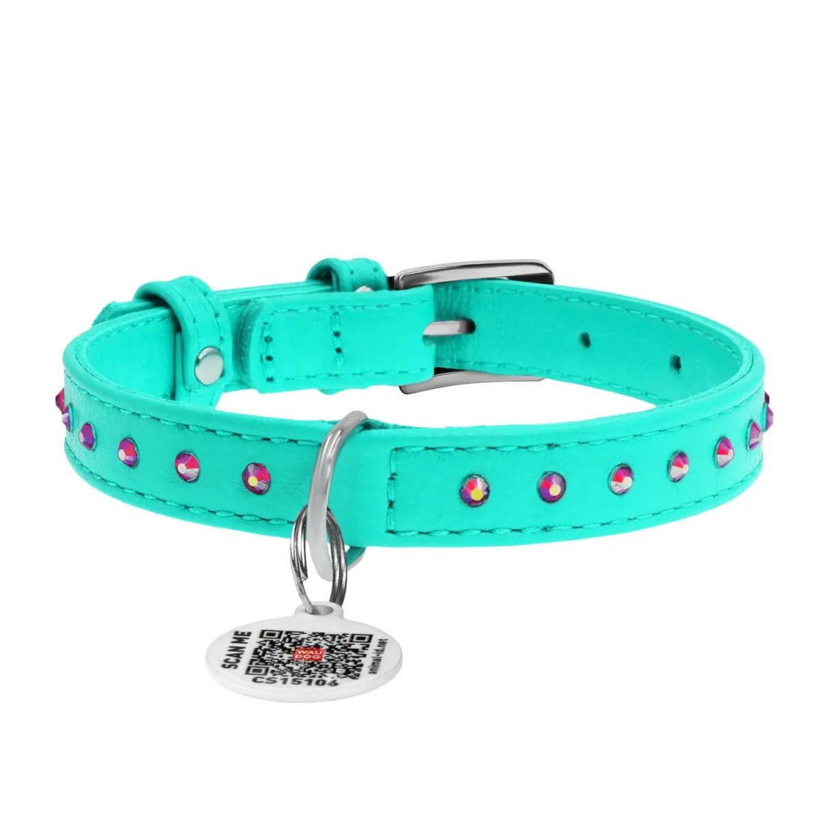 325213 Нашийник WAUDOG Glamour з QR-паспортом шкіряний з клей.стразами Ш 9мм Д 19-25см ментоловий