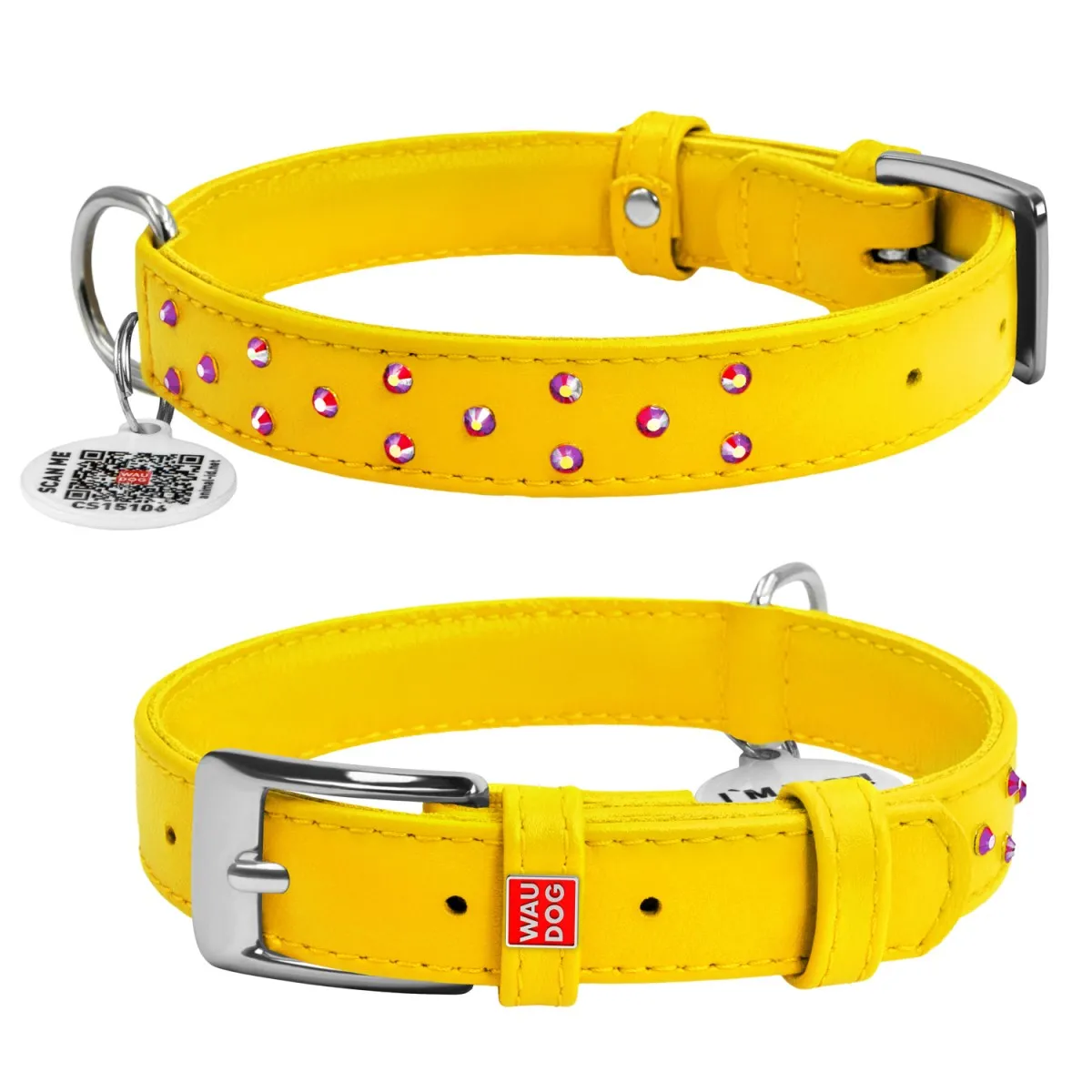 32688 Нашийник WAUDOG GLAMOUR з QR паспортом, з клей. стразами Ш 12мм, Д 21-29см жовтий
