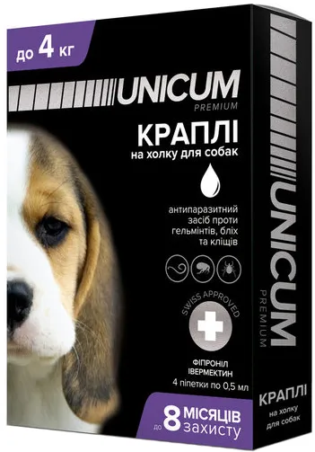 Unicum Premium+ Краплі проти бліх, кліщів і гельмінтів для собак до 4 кг