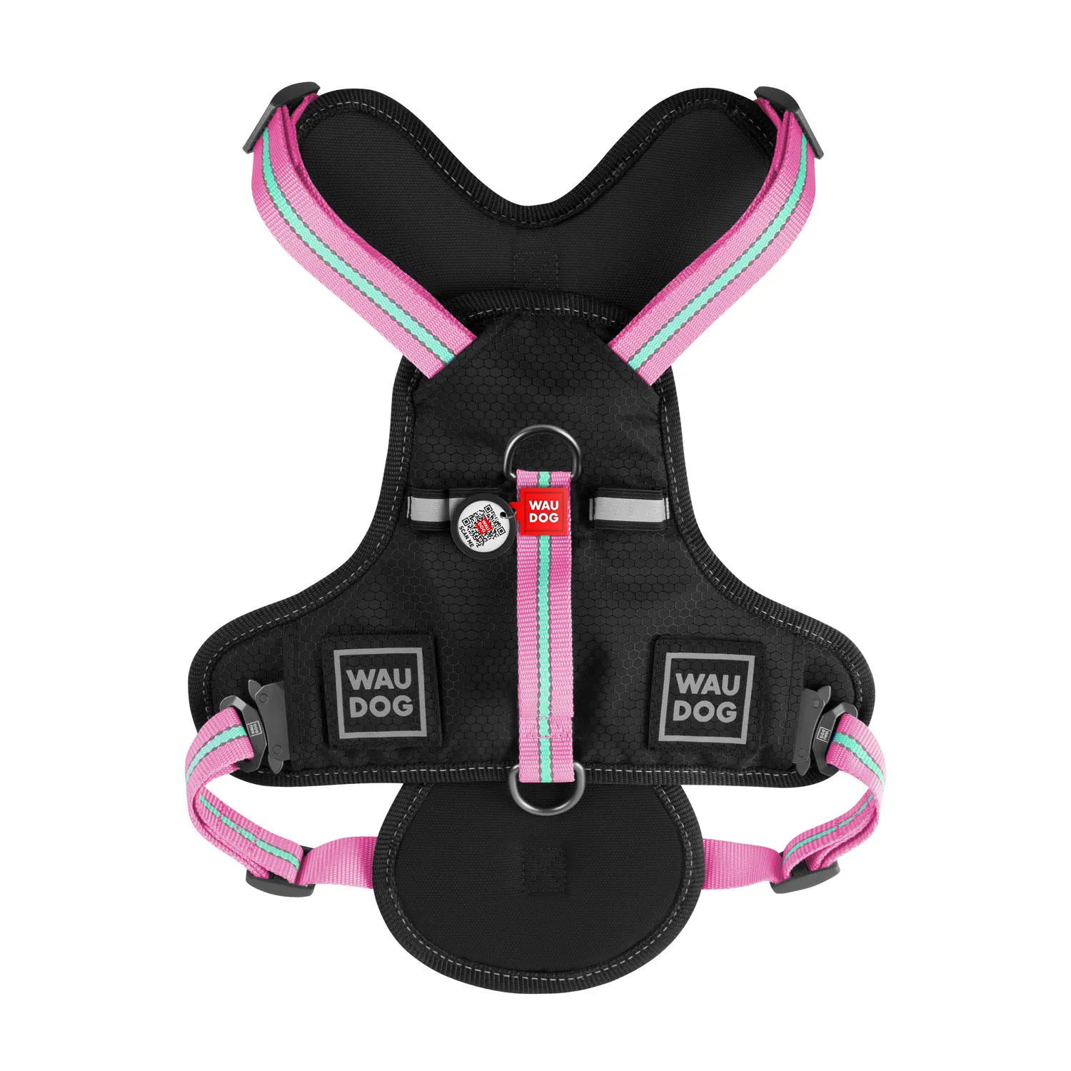 52497 Шлея для собак безпечна WAUDOG Nylon с QR-паспортом, малюнок "Шотландка",металічна пряжка-фастекс М, Ш -20 мм, Дов-А 45-70, В-60-80 см Рожевий
