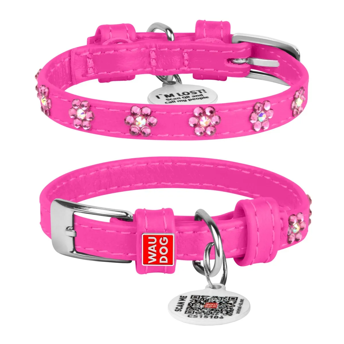 32537 Нашийник WAUDOG Glamour з QR-паспортом з клей. стразами "Квіти" Ш 9мм Д 19-25см рожевий