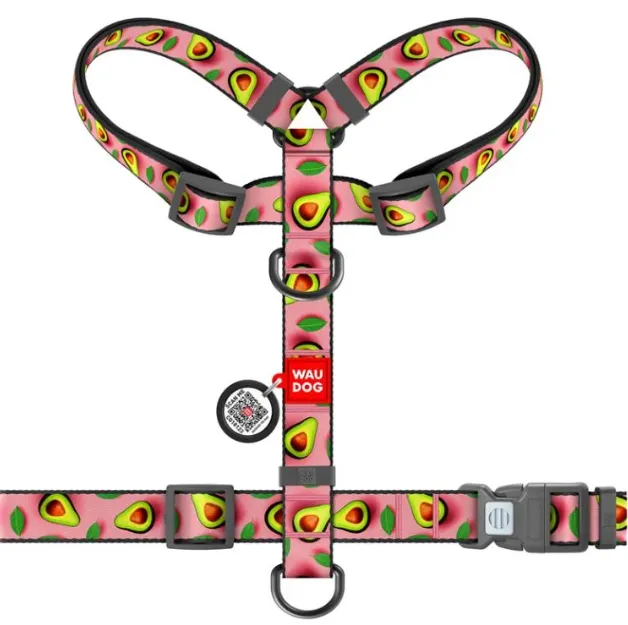 320-4051 Шлея WAUDOG Nylon анатомічна Н-подібна з QR паспортом, малюнок "Авокадо на рожевому", пласт. фастекс S Ш 15мм А 30-40 В 30-50см