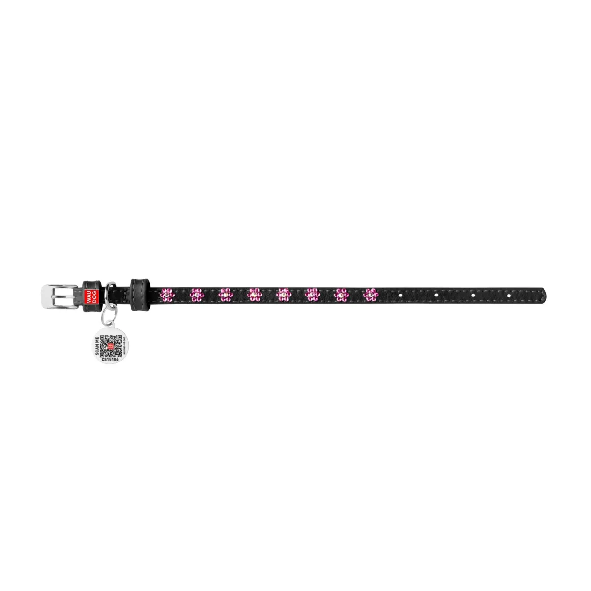 32531 Нашийник WAUDOG Glamour з QR-паспортом з клей. стразами "Квіти" Ш 9мм. Д 19-25см чорний
