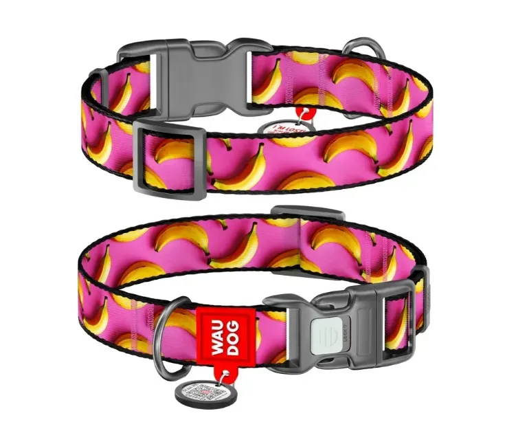 281-4055 Нашийник WAUDOG Nylon з QR паспортом, малюнок "Банани", пласт. фастекс М Ш 20мм Д 28-40см