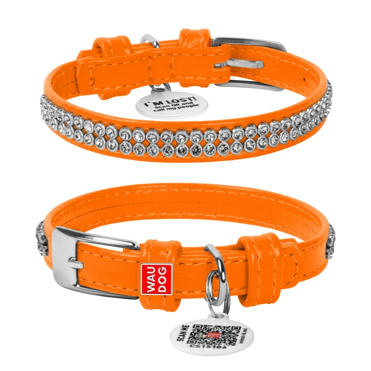 33084 Нашийник WAUDOG Glamour з QR-паспортом з прикрасою "Полотно стрази" Ш 12мм Д 21-29см помаранчевий