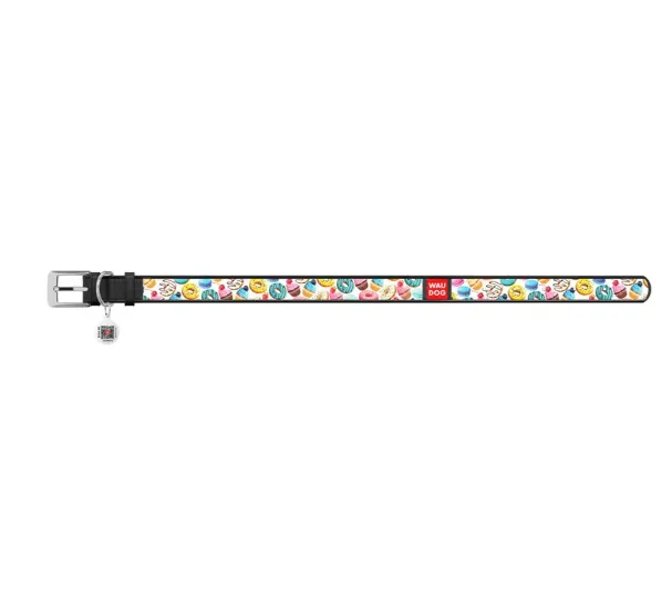 36911 Нашийник WAUDOG Design з QR паспортом, шкіряний, малюнок "Пончики" Ш 12мм Д 20-28см чорний