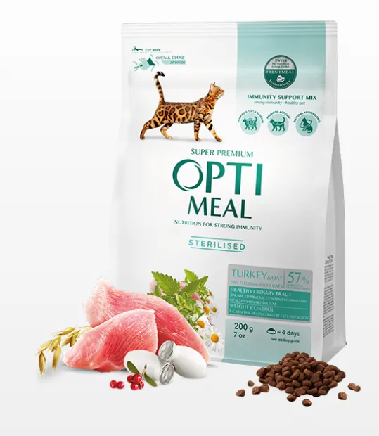 Optimeal+ для стерилізованих котів індичка, овес 0.2кг