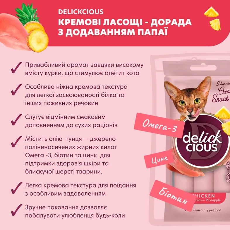 Delickcios Кремові ласощі для котів курка та ананас 4*15г