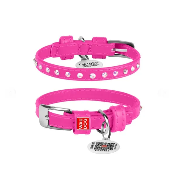32527 Нашийник WAUDOG Glamour з QR-паспортом шкіряний з клей. стразами Ш 9мм Д 19-25см рожевий