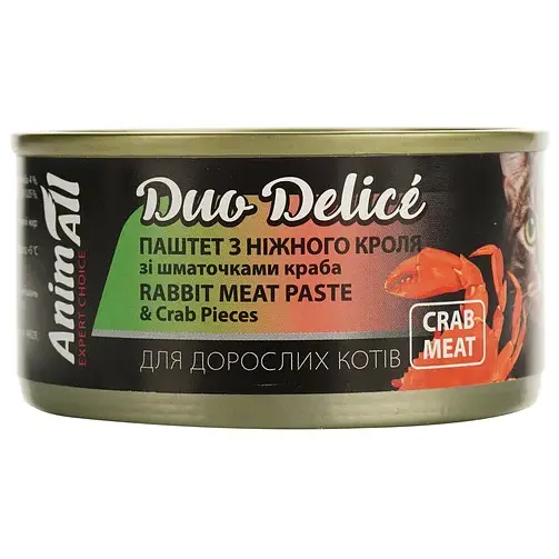 Animall DuoDelice вологий корм для котів, паштет з кролика зі шмат. краба 80г