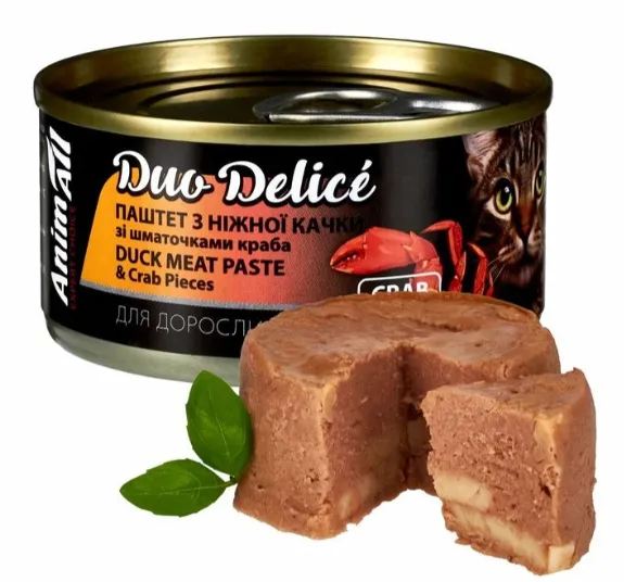 Animall DuoDelice вологий корм для котів, паштет з качки зі шмат. краба 80г