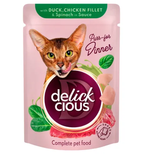 Delickcios пауч для котів качка, куряче філе і шпинат у соусі 0.085кг