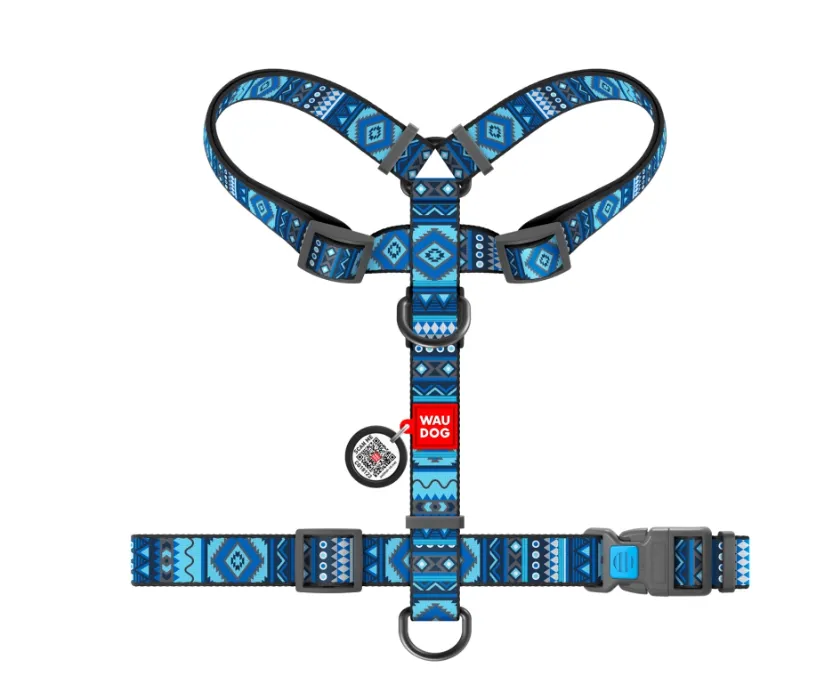 5618 Шлея WAUDOG Nylon анатомічна Н-образна, з QR паспортом, малюнок "Етно синій", пласт. фастекс S Ш 15мм A 30-40см B 30-50см