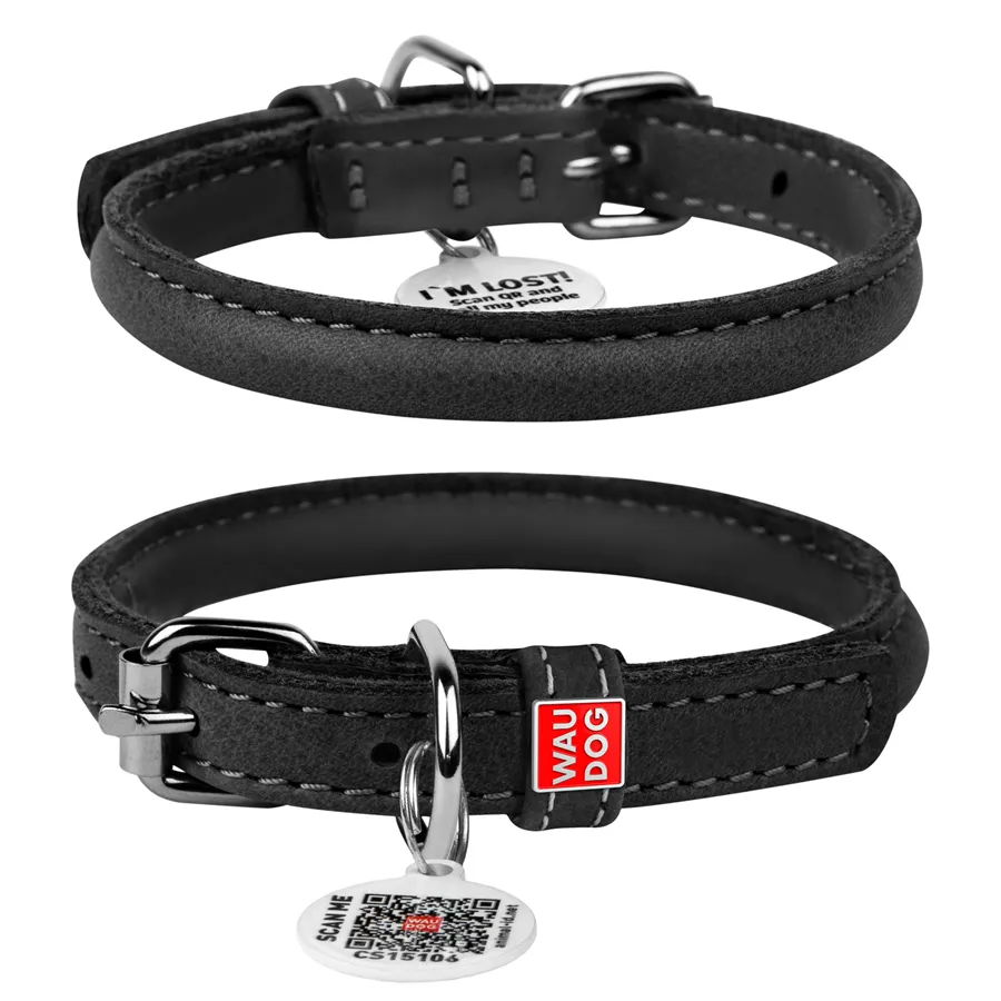 00391 Нашийник WAUDOG Soft з QR паспортом, шкіряний,  Д 10см  Дов 33-41см, чорний