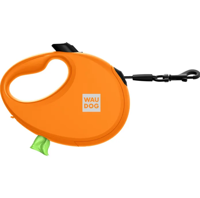 26284 Повідець-рулетка WAUDOG R-leash з контейнером для пакетів, світловідбив. стрічка М до 20кг, 5м помаранчева