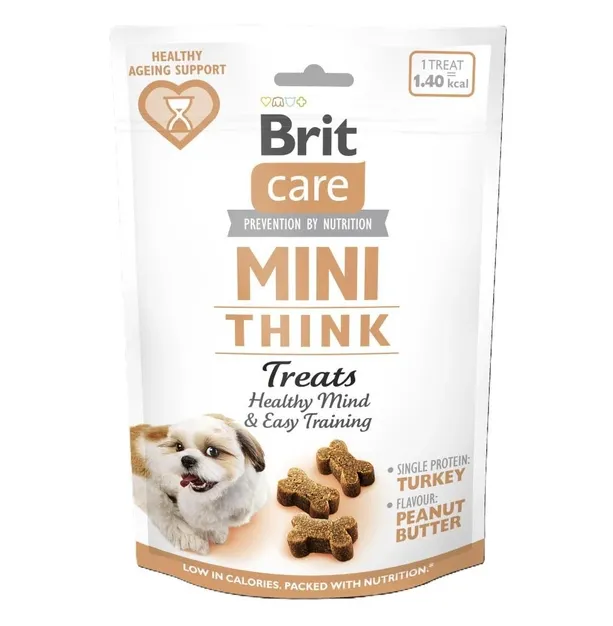Ласощі Brit Care Mini Treats Think для собак малих порід, для підтримки розумових здібностей, з індичкою, смак арахісового масла 50г