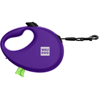 26289 Повідець-рулетка WAUDOG R-leash з контейнером для пакетів, світловідбив. стрічка М до 20кг, 5м фіолетова
