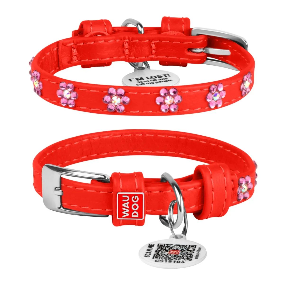 32533 Нашийник WAUDOG Glamour з QR паспортом шкіряний, з клей. стразами "Квіти", Ш 9мм, Д 19-25см червоний