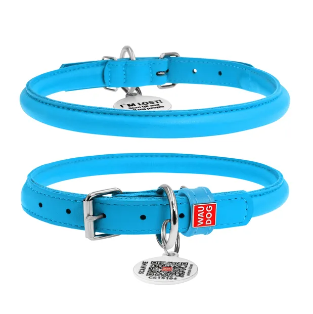 35072 Нашийник WAUDOG Glamour з QR паспортом, шкіряний, круглий d 13мм Д 45-53см блакитний