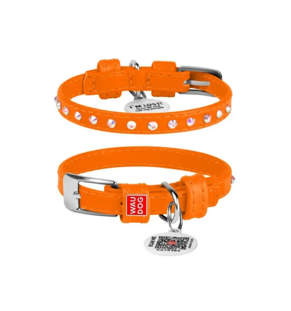 32524 Нашийник WAUDOG GLAMOUR з QR паспортом, з клей. стразами Ш 9мм, Д 19-25см помаранчевий