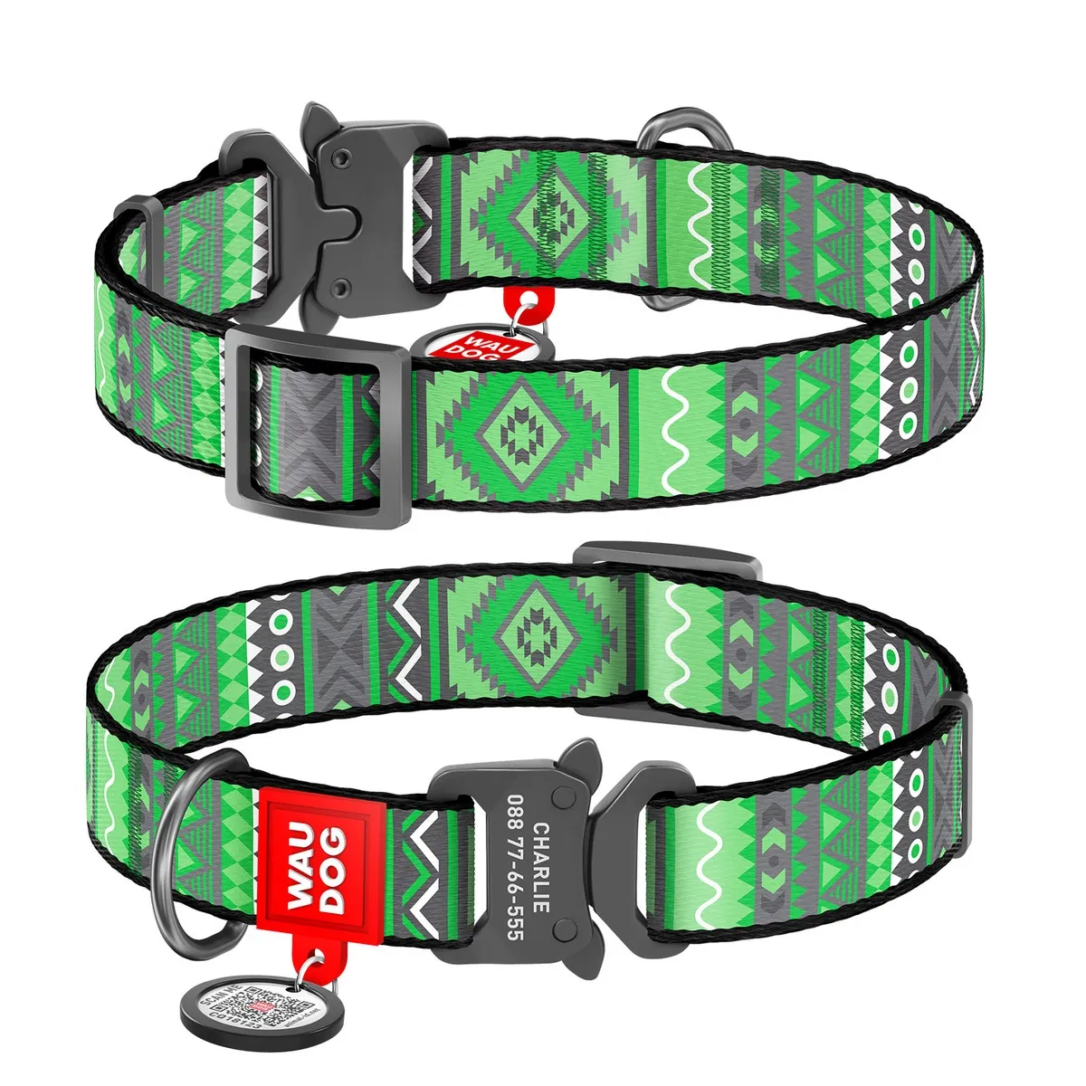 5191 Нашийник для собак нейлоновий WAUDOG Nylon з QR паспортом, малюнок "Етно зелений", метал.пряжка- фастекс, Ш 15 мм, Дов 23-35 см