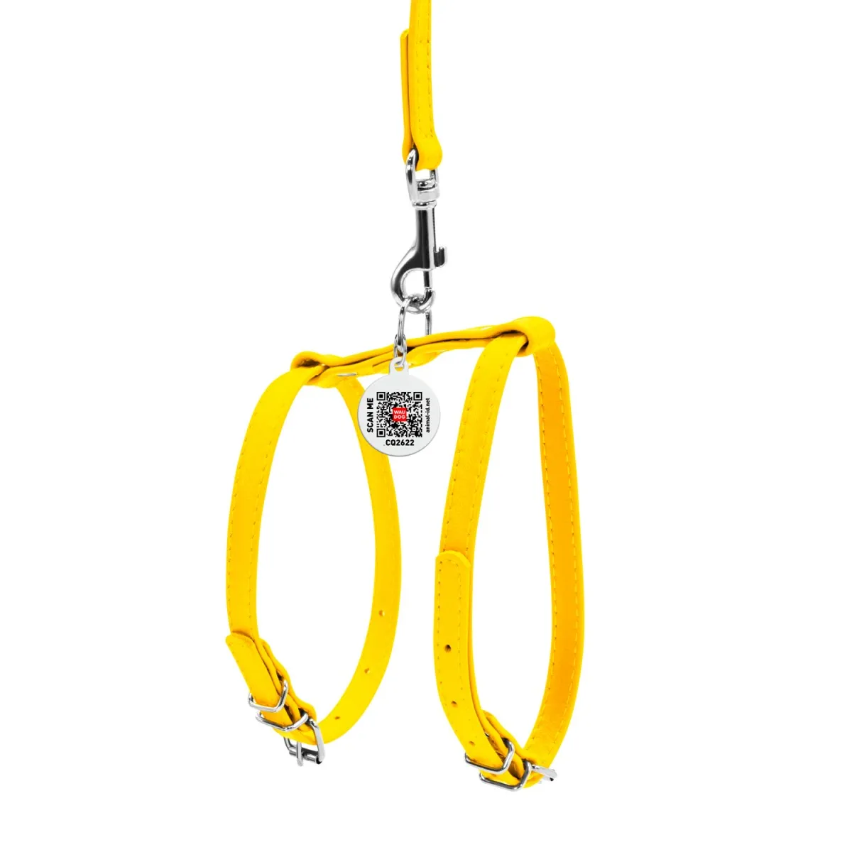 33998 Шлея з повідцем WAUDOG Glamour з QR-паспортом, шкіряна Ш 9мм, А 20-30см, И 30-40см жовта