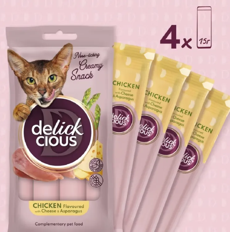 Delickcios Кремові ласощі для котів курка, сир та спаржа 4*15г