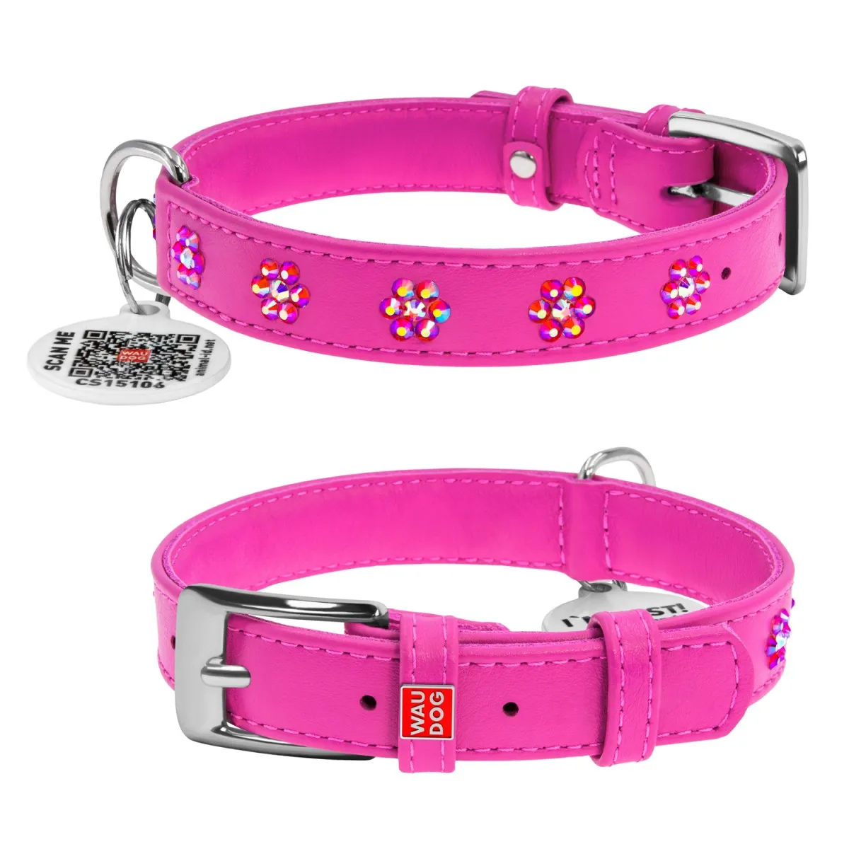 32537 Нашийник WAUDOG Glamour з QR-паспортом з клей. стразами "Квіти" Ш 9мм Д 19-25см рожевий