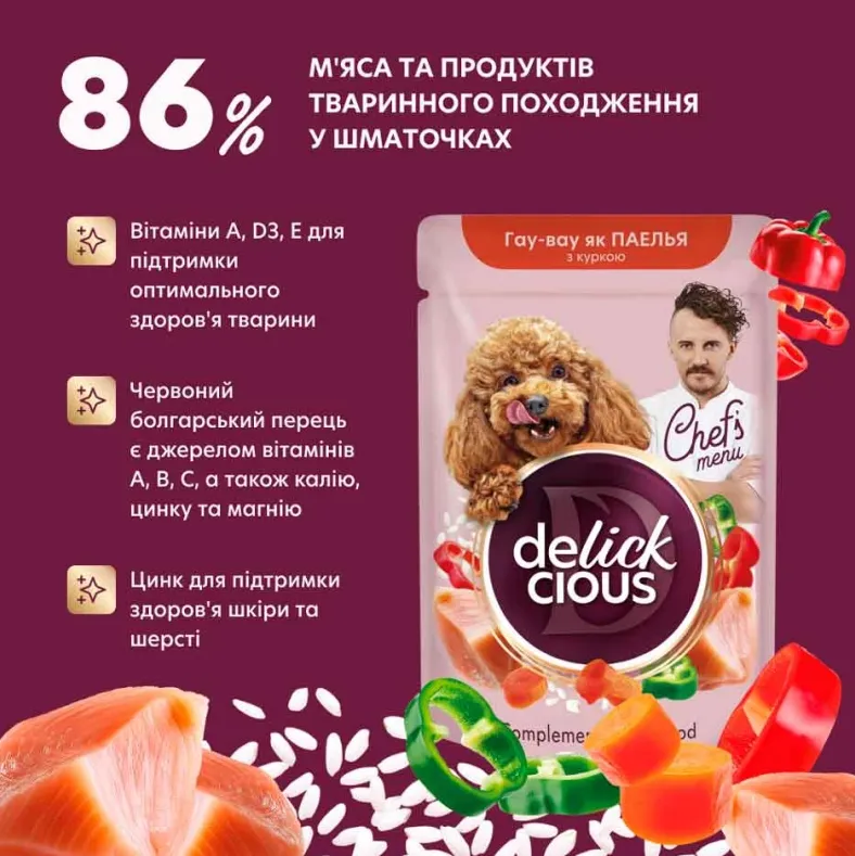 Delickcios пауч для собак паелья курка рис морква 0.085кг