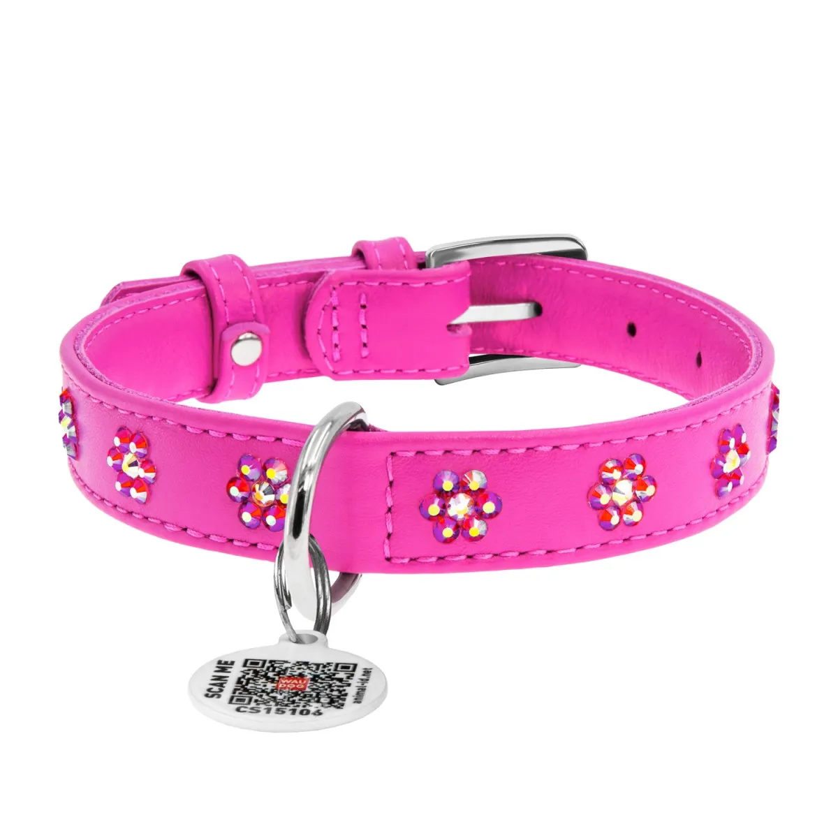 32537 Нашийник WAUDOG Glamour з QR-паспортом з клей. стразами "Квіти" Ш 9мм Д 19-25см рожевий