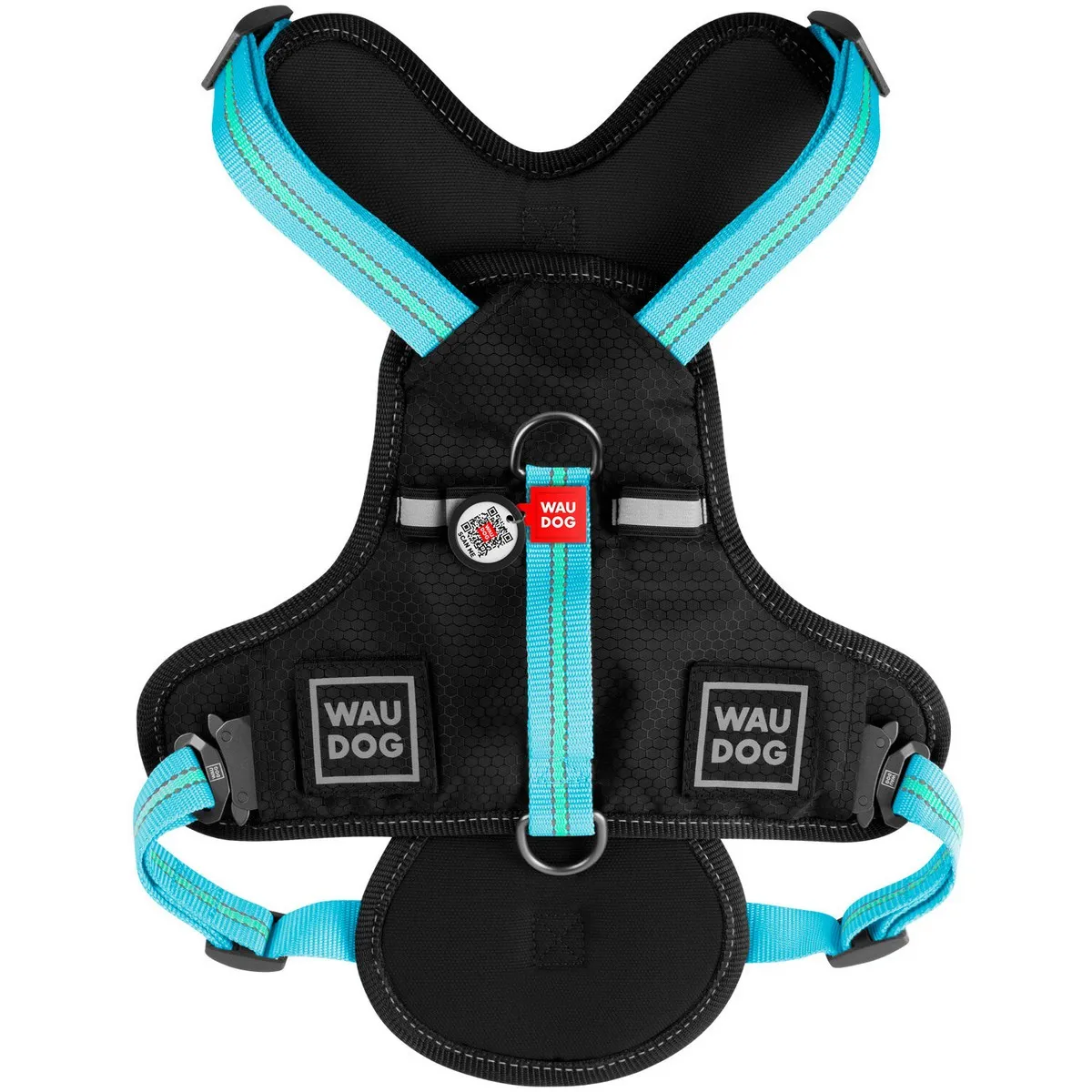 52472 Шлея для собак безпечна WAUDOG Nylon с QR-паспортом, металічна пряжка-фастекс S, Ш -20 мм, Дов-A 35-60, В-55-65 см Блакитний