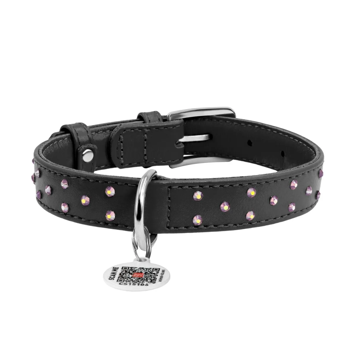 32521 Нашийник WAUDOG Glamour з QR-паспортом з клей. стразами Ш 9мм Д 19-25см чорний