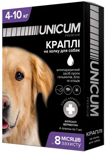 Unicum Premium+ Краплі проти бліх, кліщів і гельмінтів для собак 4-10 кг