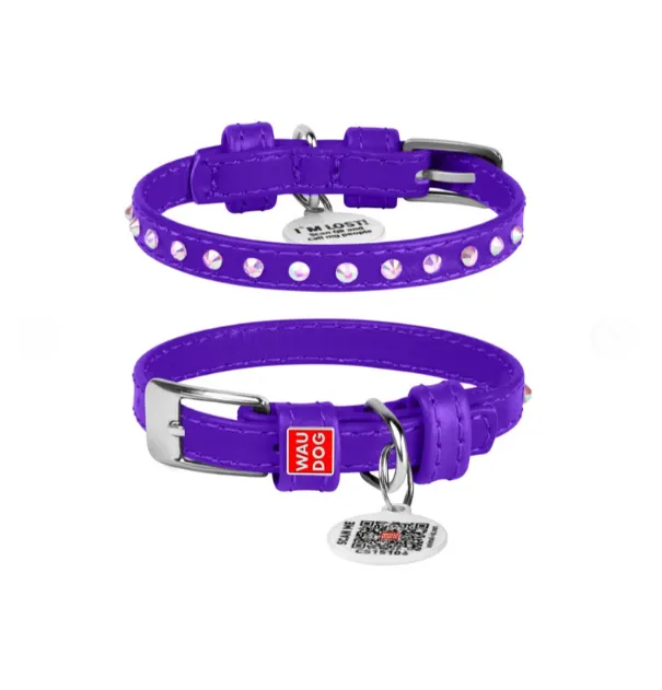 32689 Нашийник WAUDOG Glamour з QR-паспортом з клей. стразами Ш 12мм Д 21-29мм фіолетовий