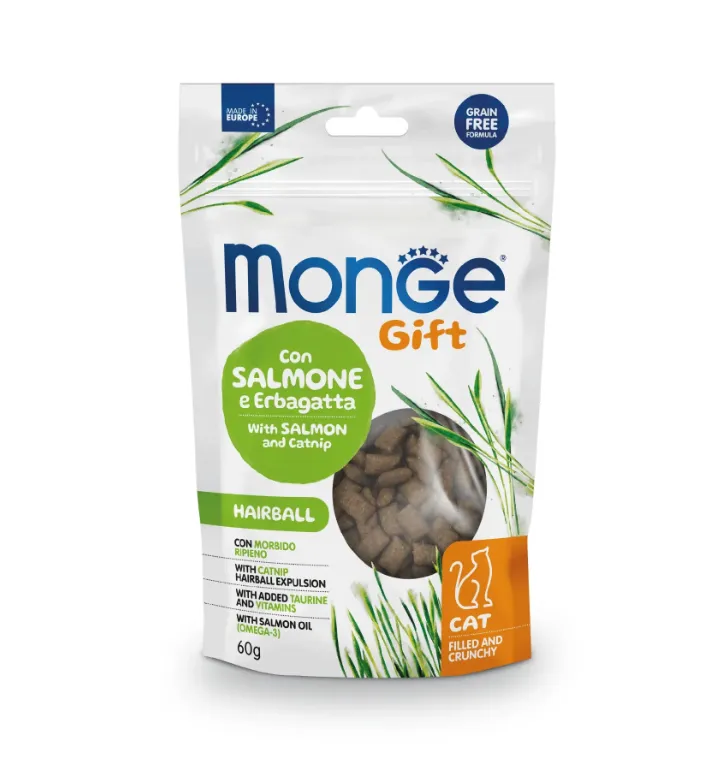 Ласощі для котів Monge Gift Hairball Salmon/Catnip вивід шерсті, лосось/котяча м'ята 60г
