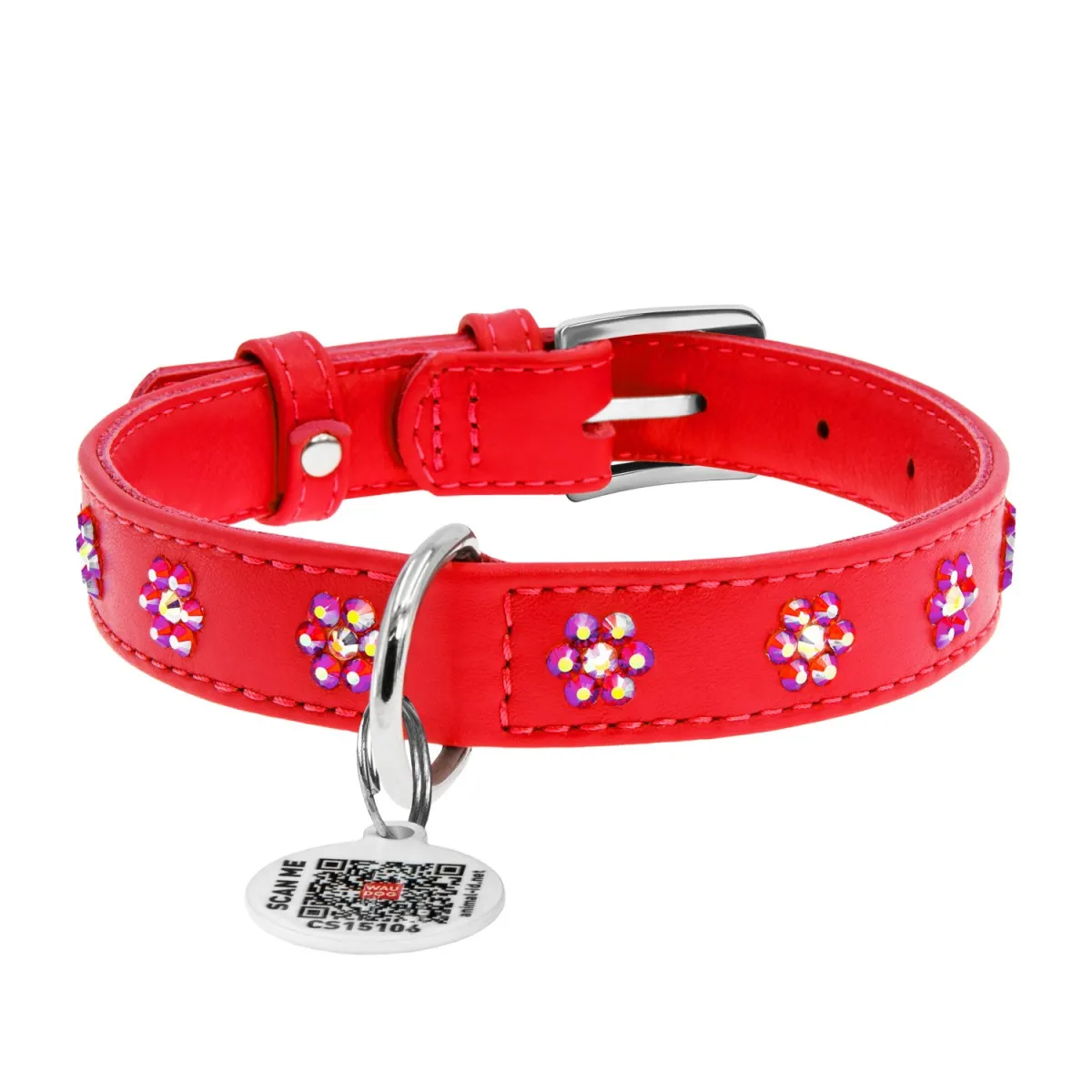 32533 Нашийник WAUDOG Glamour з QR паспортом шкіряний, з клей. стразами "Квіти", Ш 9мм, Д 19-25см червоний
