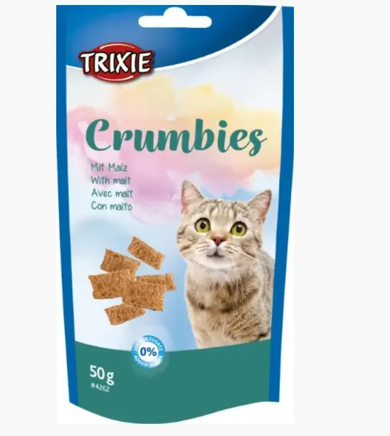 4262 Ласощі для котів Trixie Crumbies with Malt подушечки для вивед. комочків шерсті 50г