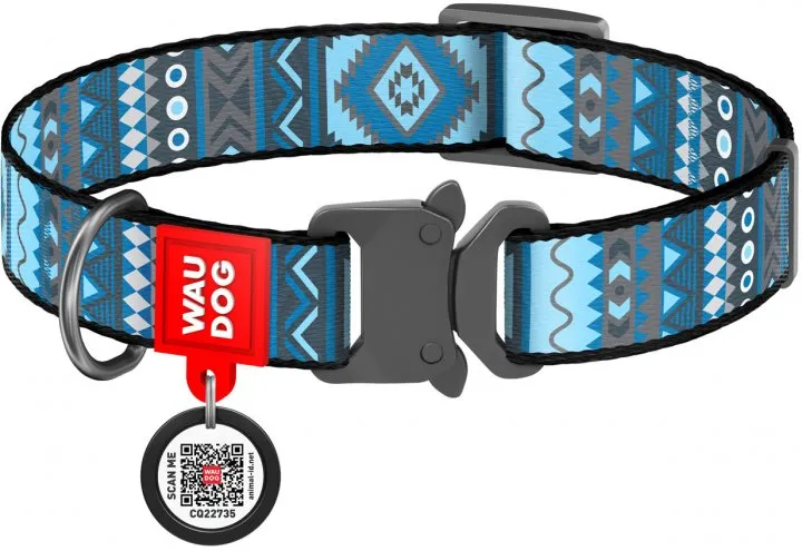 4632 Нашийник для собак нейлоновий WAUDOG Nylon з QR паспортом, малюнок "Етно зелений", пластиковий фастекс, Ш 15 мм, Дов 23-35 см