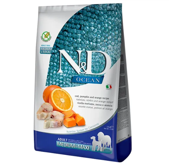 Farmina Dog N&D Grain Free Ocean Cod Pumpkin&Orange Adult Medium&Maxi з тріскою та апельсином для сер. та вел. порід 1кг 36568