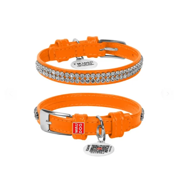 33084 Нашийник WAUDOG Glamour з QR-паспортом з прикрасою "Полотно стрази" Ш 12мм Д 21-29см помаранчевий