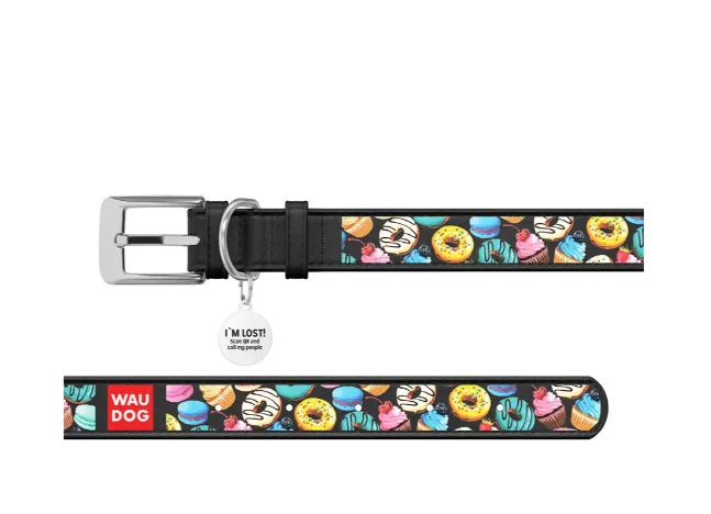 36931 Нашийник WAUDOG Design з QR паспортом, шкіряний, малюнок "Пончики" Ш 20мм Д 30-39см чорний