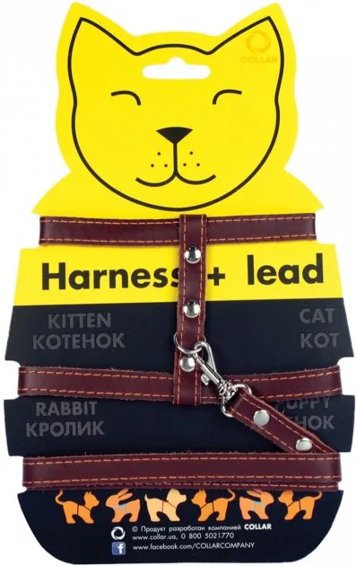 05466 Шлея "CoLLaR" з повідцем шкіряна на планшеті для котів, Ш12мм А 22-30 В 30-40, Д 122см коричневий