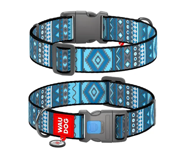 4584 Нашийник WAUDOG Nylon з QR паспортом, малюнок "Етно синій", пласт.фастекс Ш 25мм Д 33-49см
