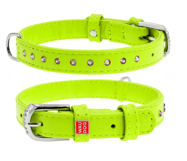 32775 Нашийник WAUDOG Glamour з QR-паспортом, з клей. стразами Ш 15мм Д 27-36см салатовий