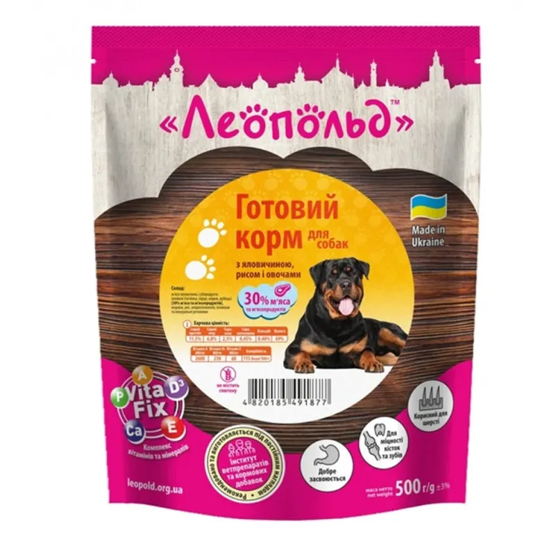 Пауч Леопольд для собак з яловичиною, овочами та рисом 500г