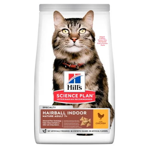 Hill's SP Fel Mature Adult7+ Hairball Indoor Ch- для зрілих+7 для зменшення утворення шерстяних комочків у дорослих котів, які живуть у приміщеннях з куркою - 1,5кг