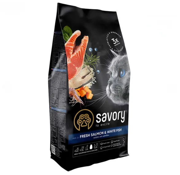 Savory сухий корм для довгошерстних котів лосось/біла риба 2кг 30020