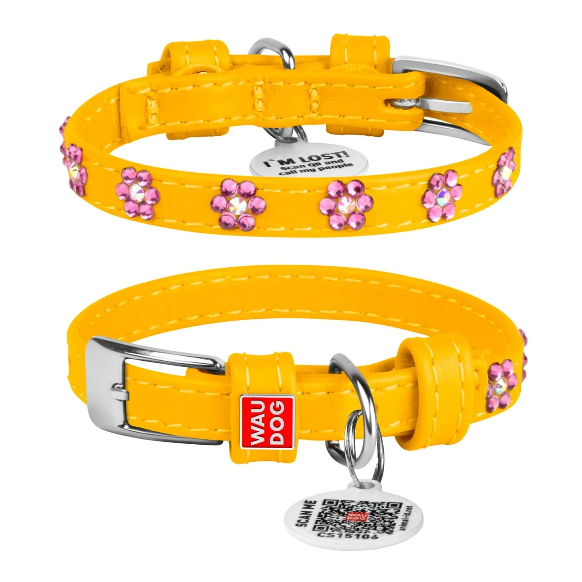 32518 Нашийник WAUDOG Glamour з QR-паспортом, з клей. стразами "Квіти" Ш 9мм Д 18-21см жовтий