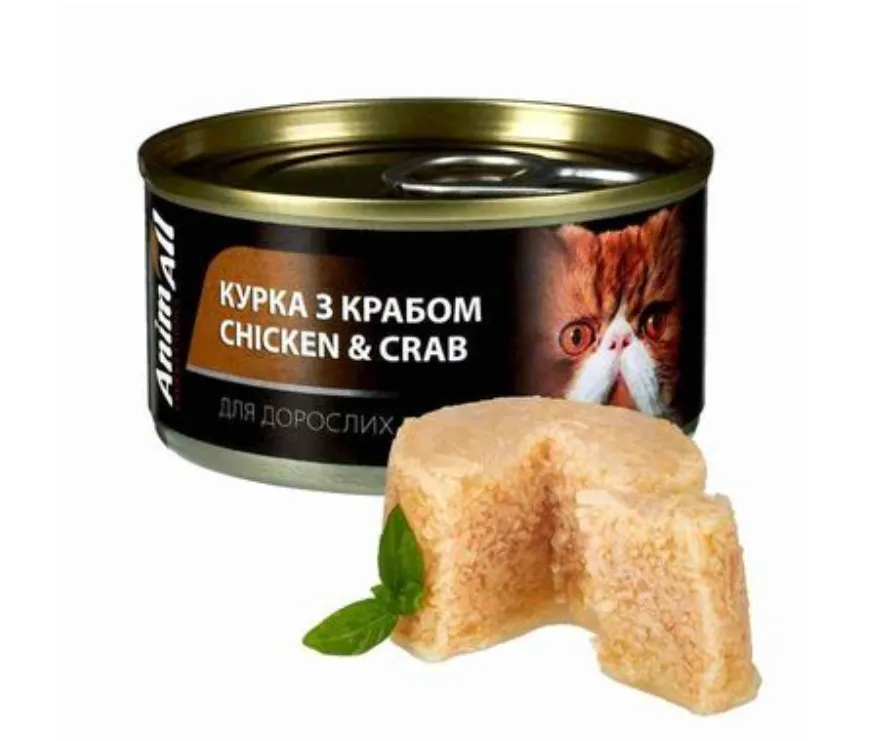 Animall вологий корм для котів, курка з крабом 85г